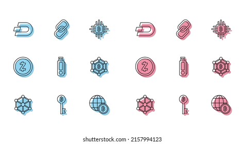 Set line Blockchain technology, Cryptocurrency Bitcoin key, Dash, Globe and cryptocurrency, USB flash drive, Zcash ZEC and Chain link icon. Vector