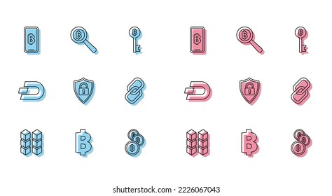 Set line Blockchain technology, Cryptocurrency coin Bitcoin, Phone mobile and cryptocurrency, Shield security with, Chain link, Dash and Magnifying glass icon. Vector
