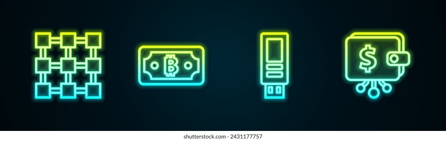 Set line Blockchain technology, Cryptocurrency bitcoin, USB flash drive and wallet. Glowing neon icon. Vector