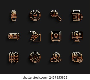 Tecnología Blockchain, Moneda de Criptomoneda Ripple XRP, Bitcoin planta la olla, Mano sosteniendo, intercambio, minería en la nube, Monitor Ethereum ETH e icono Seguro. Vector
