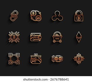 Set line Blockchain technology, Cryptocurrency wallet, Chain link, Mining farm, CPU mining, coin Ethereum ETH and Shopping basket with bitcoin icon. Vector