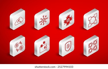 Establecer la línea Tecnología Blockchain, Distribución, Granja de minería de CPU, Escudo con bitcoin, Nube de criptomonedas, billetera e icono de intercambio. Vector