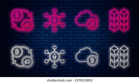 Set line Blockchain technology Ethereum ETH, Cryptocurrency cloud mining, Cryptocurrency exchange and Blockchain technology. Glowing neon icon on brick wall. Vector