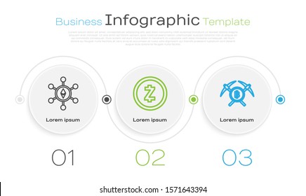 Set line Blockchain technology Ethereum ETH, Cryptocurrency coin Zcash ZEC and Crossed pickaxe. Business infographic template. Vector
