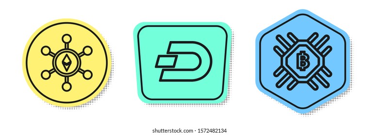Set line Blockchain technology Ethereum ETH, Cryptocurrency coin Dash and CPU mining farm. Colored shapes. Vector