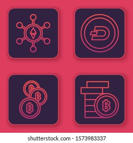 Set line Blockchain technology Ethereum ETH, Cryptocurrency coin Bitcoin, Cryptocurrency coin Dash and Cryptocurrency coin Bitcoin. Blue square button. Vector