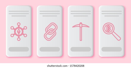 Set line Blockchain technology Ethereum ETH, Chain link, Pickaxe and Magnifying glass with Bitcoin. White rectangle button. Vector