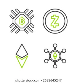 Set line Blockchain technology Ethereum ETH, Cryptocurrency coin, Zcash ZEC and CPU mining farm icon. Vector