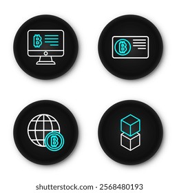 Set line Blockchain technology, Globe Bitcoin, Credit card with bitcoin and Mining from monitor icon. Vector
