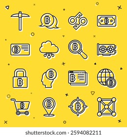 Set line Blockchain technology, Globe Bitcoin, Video graphic card, Cryptocurrency key, cloud mining, Credit with bitcoin, Pickaxe and Magnifying glass icon. Vector