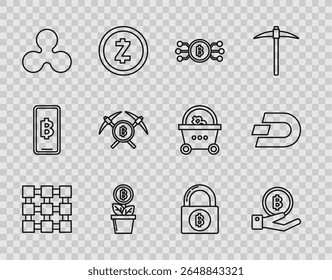 Set line Blockchain technology, Hand holding Bitcoin, Cryptocurrency bitcoin circle with microchip circuit, plant the pot, Ripple XRP, Crossed pickaxe, Lock and Dash icon. Vector