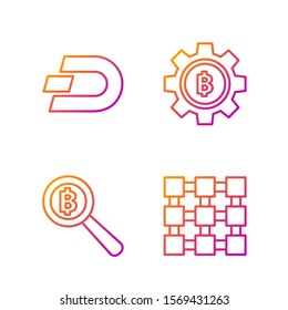 Set line Blockchain technology, Magnifying glass with Bitcoin, Cryptocurrency coin Dash and Cryptocurrency coin Bitcoin. Gradient color icons. Vector