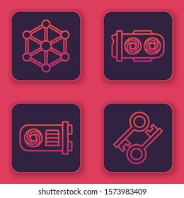 Set line Blockchain technology, Mining farm, Mining farm and Cryptocurrency key. Blue square button. Vector