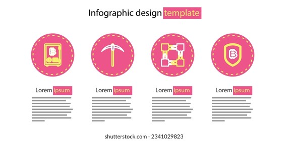 Set line Blockchain technology, Shield with bitcoin, Pickaxe and Proof of stake icon. Vector