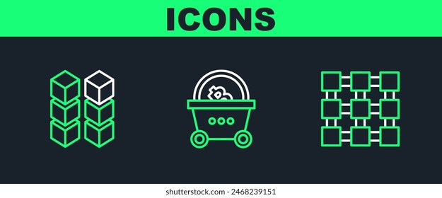 Set line Blockchain technology,  and Shopping basket with bitcoin icon. Vector