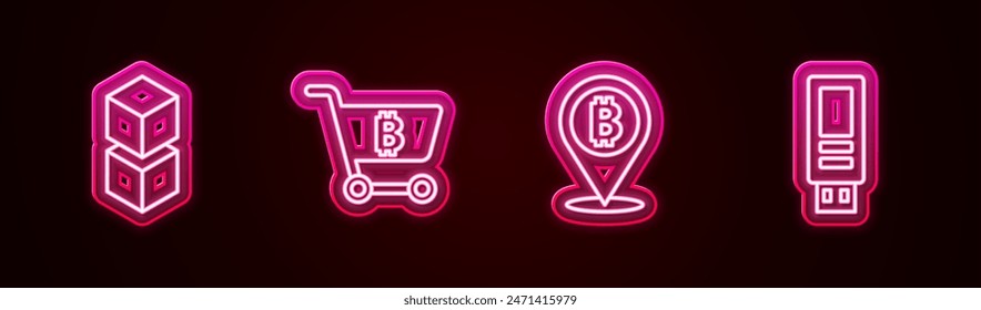 Set line Blockchain technology, Shopping cart with bitcoin, Bitcoin and USB flash drive. Glowing neon icon. Vector