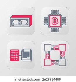 Set line Blockchain technology, Smart contract, CPU mining farm and Cryptocurrency bitcoin icon. Vector