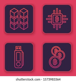 Set line Blockchain technology, USB flash drive, CPU mining farm and Cryptocurrency coin Bitcoin. Blue square button. Vector