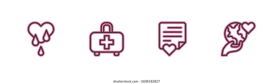 Set line Blood donation, Envelope with heart, First aid kit and Hand holding Earth globe icon. Vector