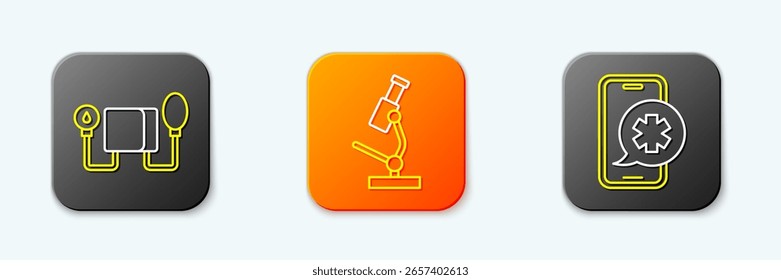 Ajuste la presión arterial de la línea, el microscopio y el icono de llamada telefónica de emergencia. Vector
