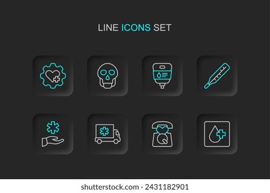Set line Análisis de sangre, llamada de emergencia al 911, coche de ambulancia, médico de hospital cruzado, termómetro médico, bolsa IV, cráneo y corazón con icono de cruz. Vector