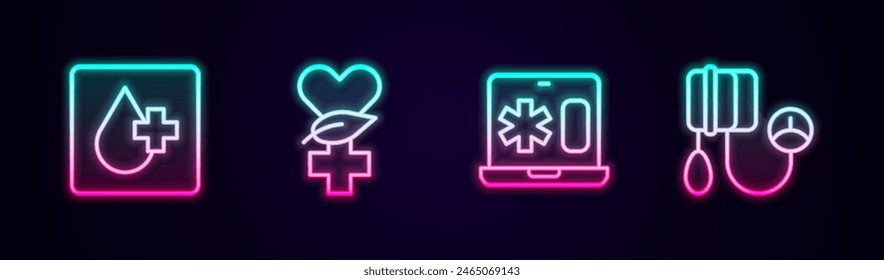 Fijar la línea Análisis de sangre, Etnociencia, Registro clínico en la computadora portátil y la presión. Icono de neón brillante. Vector