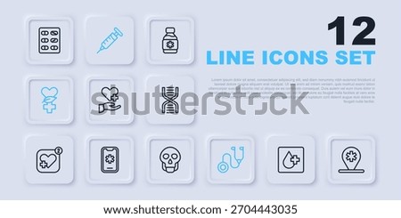 Set line Blood test, Location hospital, Heart with cross, Stethoscope, Ethnoscience, Emergency call 911, Syringe and Skull icon. Vector