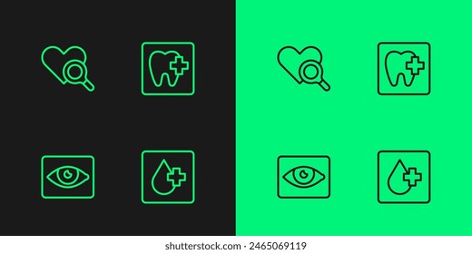 Ajuste de línea Análisis de sangre, efecto de ojos rojos, inspección médica del corazón e icono de ubicación de la clínica dental. Vector