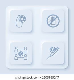 Set line Blood test and virus, No handshake, Virus spread and Syringe. White square button. Vector