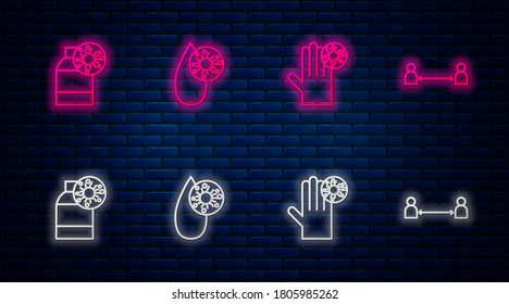 Einstellung des Bluttests und des Virus, Hand mit, Flasche und sichere Entfernung. Leuchtendes Neonsymbol an der Ziegelwand. Vektorgrafik