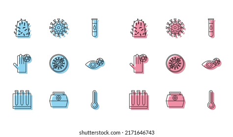 Fijar línea Prueba de sangre y virus, Kit de primeros auxilios, Rabia, Termómetro médico, Paro, Ojo rojizo debido, Icono de Mano y Virus. Vector