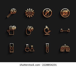 Set line Blood test and virus, Test tube flask, Virus under magnifying glass, cells lung, Safe distance and Microscope icon. Vector