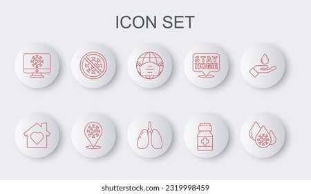 Set line Blood test and virus, House with heart inside, Earth medical mask, Medicine bottle pills, Virus statistics on monitor, Stop, Corona 2019-nCoV location and Lungs icon. Vector