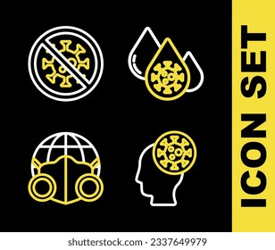 Set line Blood test and virus, Human, Earth with medical mask and Stop icon. Vector