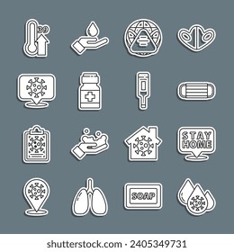 Set line Blood test and virus, Stay home, Medical protective mask, Earth with medical, Medicine bottle pills, Corona on location, High human body temperature and thermometer icon. Vector