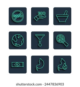 Set line Bluttest und Virus, Menschlicher Magen, Magenverbrennungen, Mörtelpistill, Trichter Filter, Erdkugel, Kein GVO und Mikroorganismen unter Lupe-Symbol. Vektorgrafik