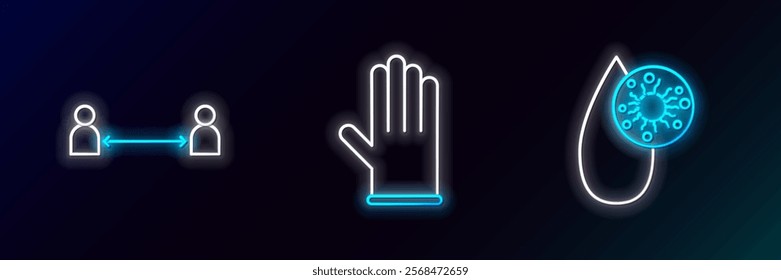 Set line Blood test and virus, Safe distance and Medical rubber gloves icon. Glowing neon. Vector