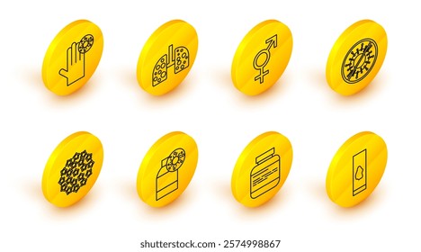 Set line Blood test and virus, Medicine bottle pills, Bottle with, Virus, Stop, Gender, cells lung and Hand icon. Vector