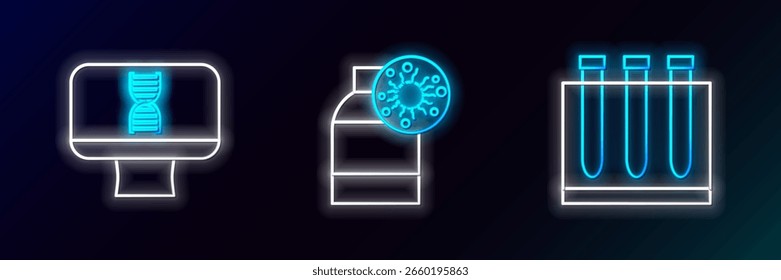 Fije la línea Prueba de sangre y virus, computadora espiral de ADN y botella con el icono. Brillante neón. Vector
