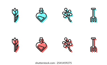 Set line Blossom tree branch, Flower tulip, Bottle with love potion and Garden rake icon. Vector