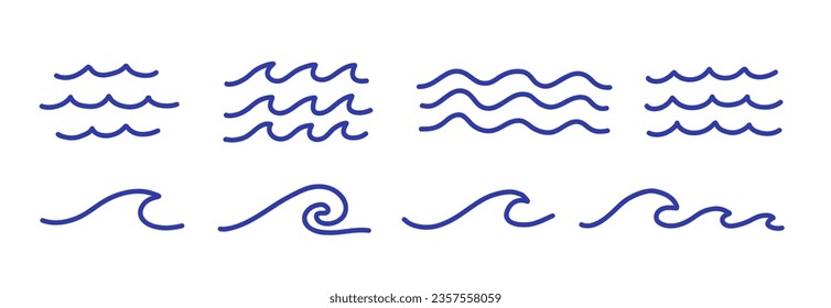 Set of line blue water waves icons. Simple line drawings isolated on white background.