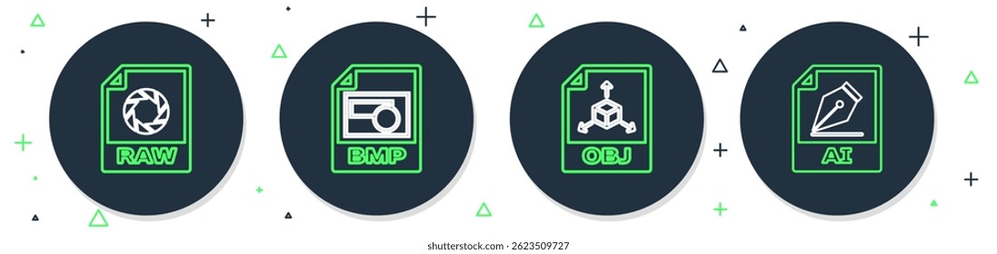 Set line BMP file document, OBJ, RAW and AI icon. Vector