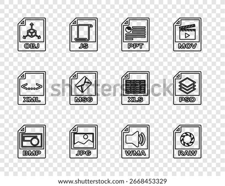 Set line BMP file document, RAW, PPT, JPG, OBJ, MSG, WMA and PSD icon. Vector