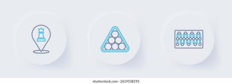 Set line Board game, Billiard balls in triangle and Chess icon. Vector
