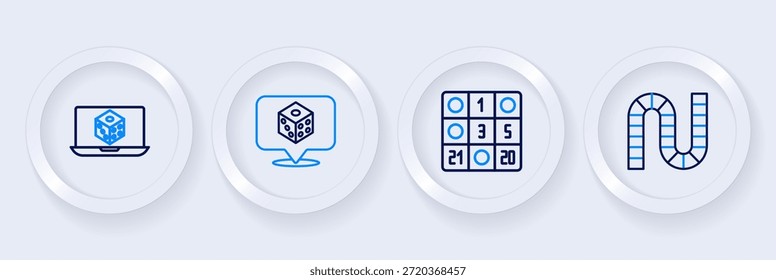 Juego de Tablero de línea, tarjeta de bingo, dados de juego e ícono. Vector