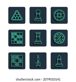 Set line Board game of checkers, Dart arrow, Chess, Casino chip, Billiard balls triangle and with dollar icon. Vector
