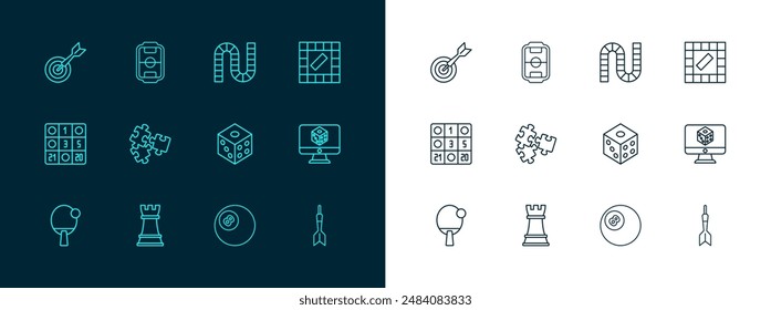 Juego de línea de juego de Tablero, ajedrez, juego de dados, billar billar bola de billar, piezas de rompecabezas de juguete, dardo clásico tablero y flecha y futbolín icono. Vector