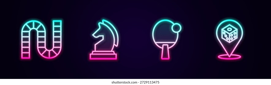 Juego de Tablero de línea, ajedrez, raqueta y dados de juego. Icono de neón brillante. Vector