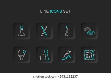 Set line Board game, Dart arrow, Chip for board, Racket, Checker chips, Crossed billiard cues and Chess pawn icon. Vector