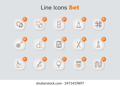 Juego de Tablero de la línea del sistema, dados del juego, raqueta, flecha del dardo, pin del boliche y bola, ajedrez, señales cruzadas del billar y el icono de la tabla del hockey del aire. Vector